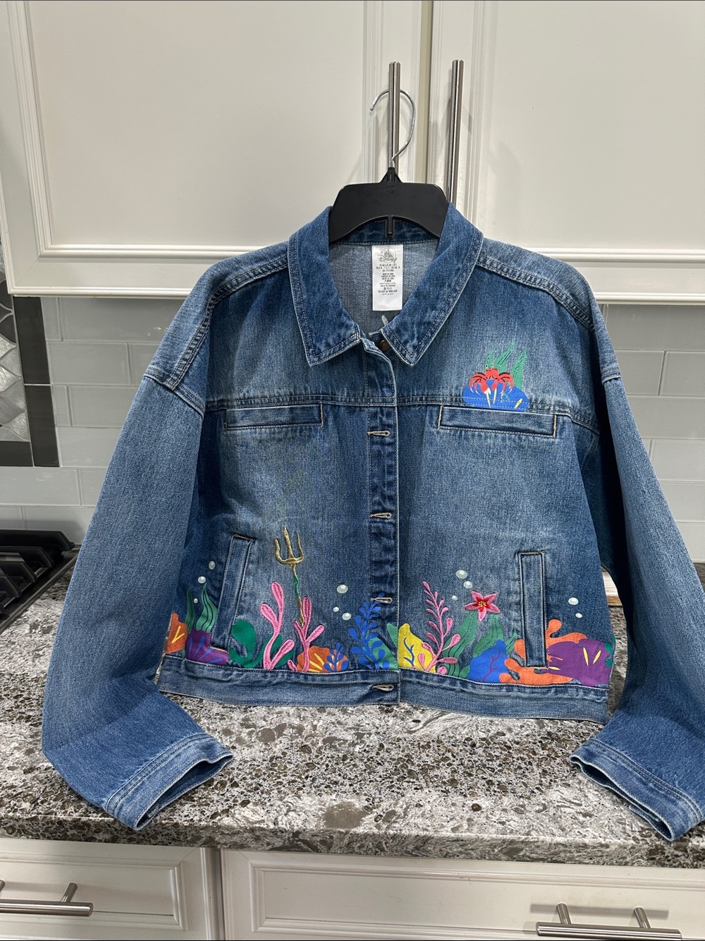 NEW Women’s Denim Jacket with Colorful Ocean Embroidery - Blue